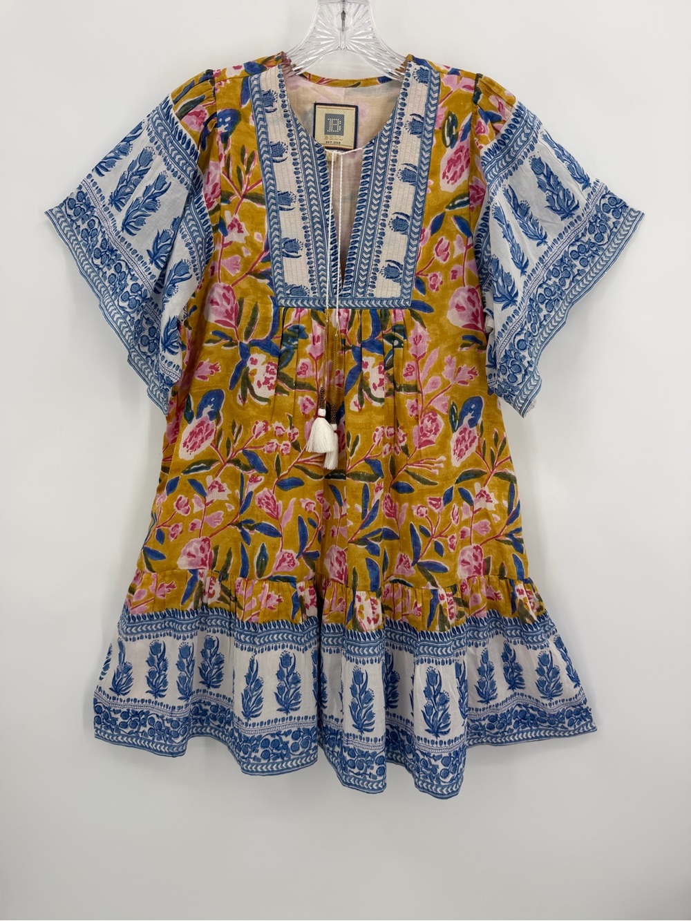 Bell by Alicia Bell Angelina Mini Dress Silk Cotton  Golden Yellow Blue Size XS